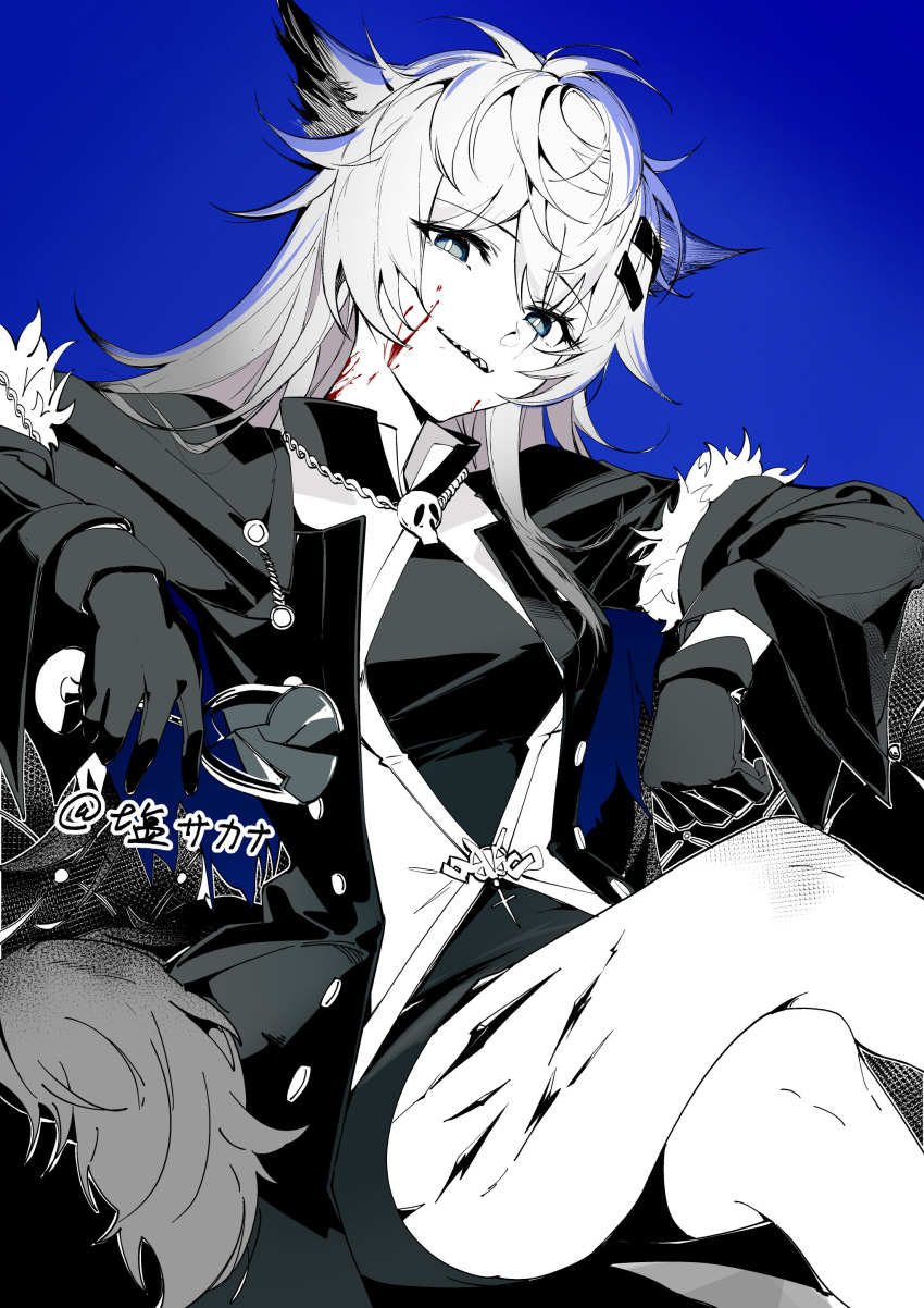 1girl, absurdres, animal_ears, arknights, artist_name, black_coat, black_gloves, blood