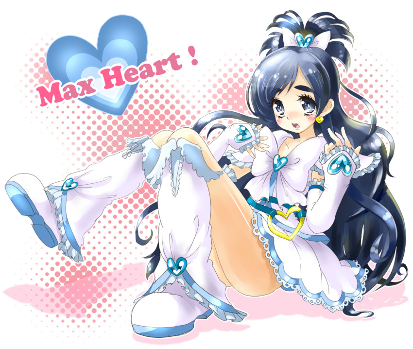:o, black_eyes, black_hair, blush, boots, bow, cure_white, dress