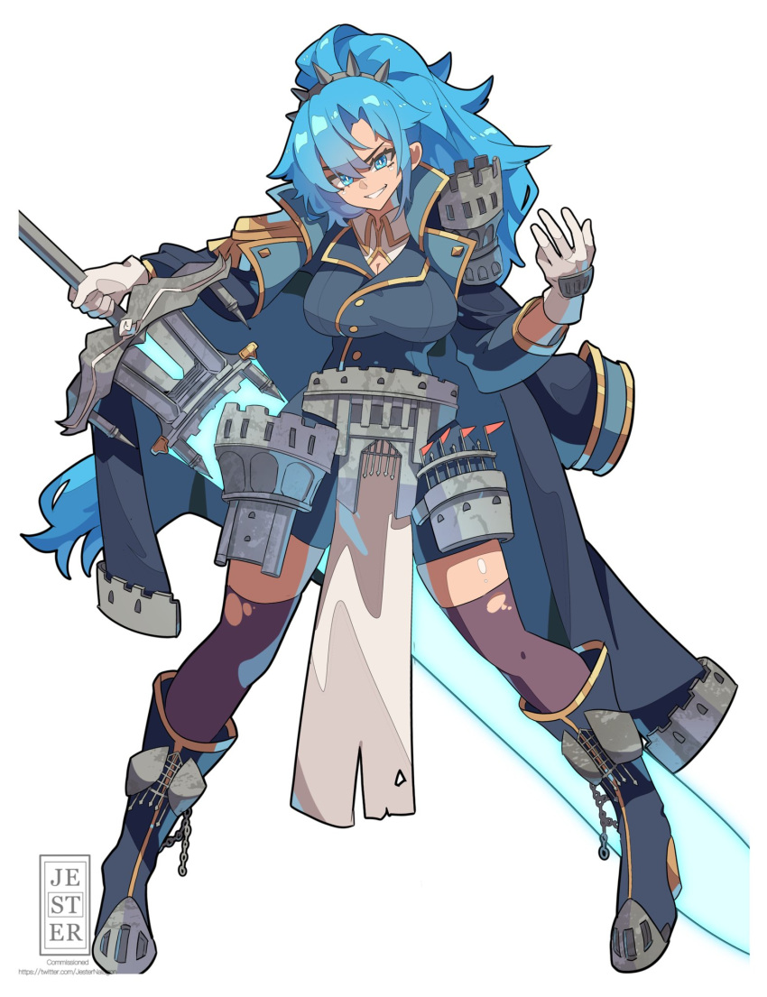1girl, blue_eyes, blue_hair, blue_jacket, boots, breasts, cape, coat
