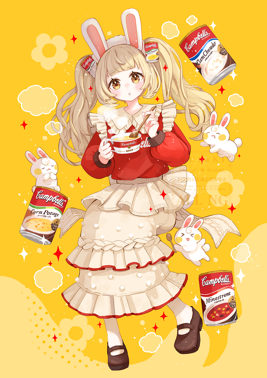 1girl, :o, animal_ears, blonde_hair, blunt_bangs, brown_shoes, brown_skirt, campbell's