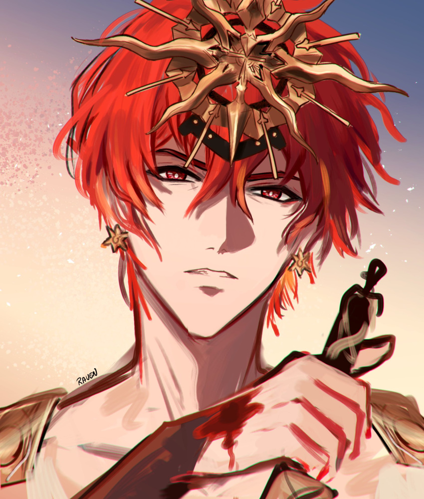 1boy, augusta_(wuthering_waves), chromatic_aberration, commentary_request, earrings, genderswap, genderswap_(ftm), hair_between_eyes