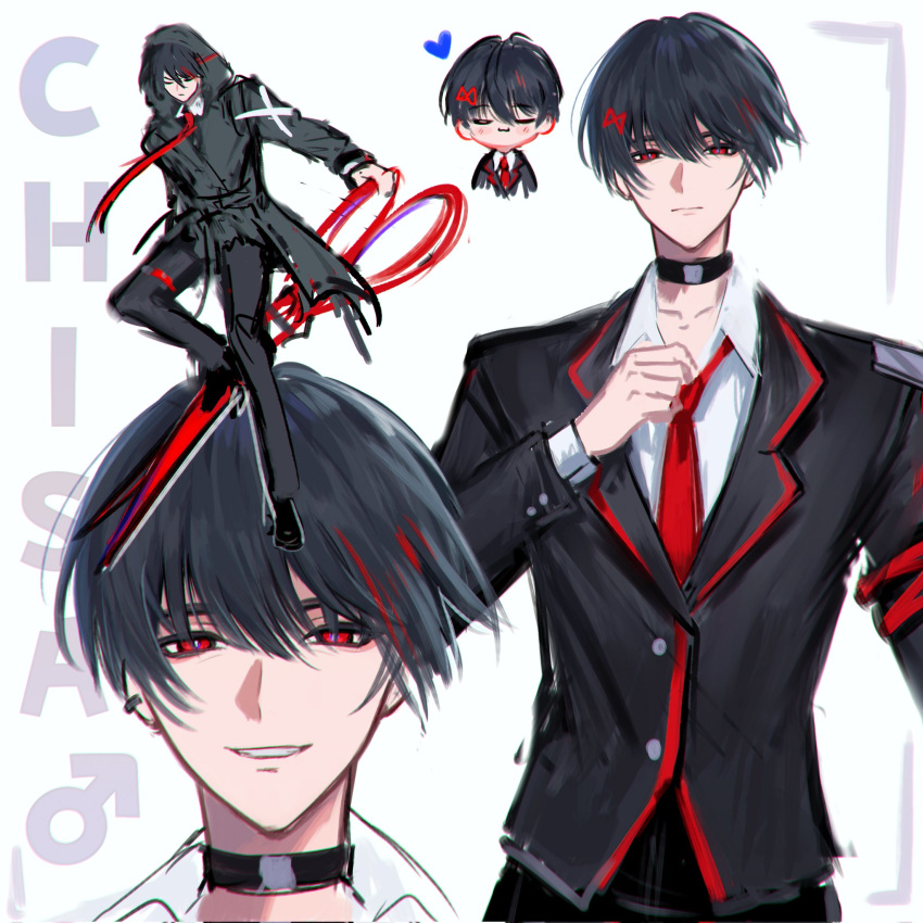 1boy, black_choker, black_hair, black_jacket, black_pants, black_shoes, blazer, character_name