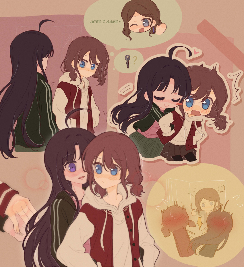 3girls, ?, absurdres, artist_request, awa_subaru, black_hair, blue_eyes, blush