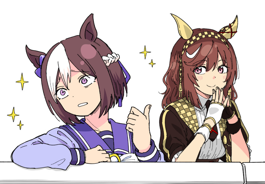2girls, animal_ears, black_gloves, bow, braid, brown_hair, buena_vista_(heroina_inocente)_(umamusume), buena_vista_(umamusume)