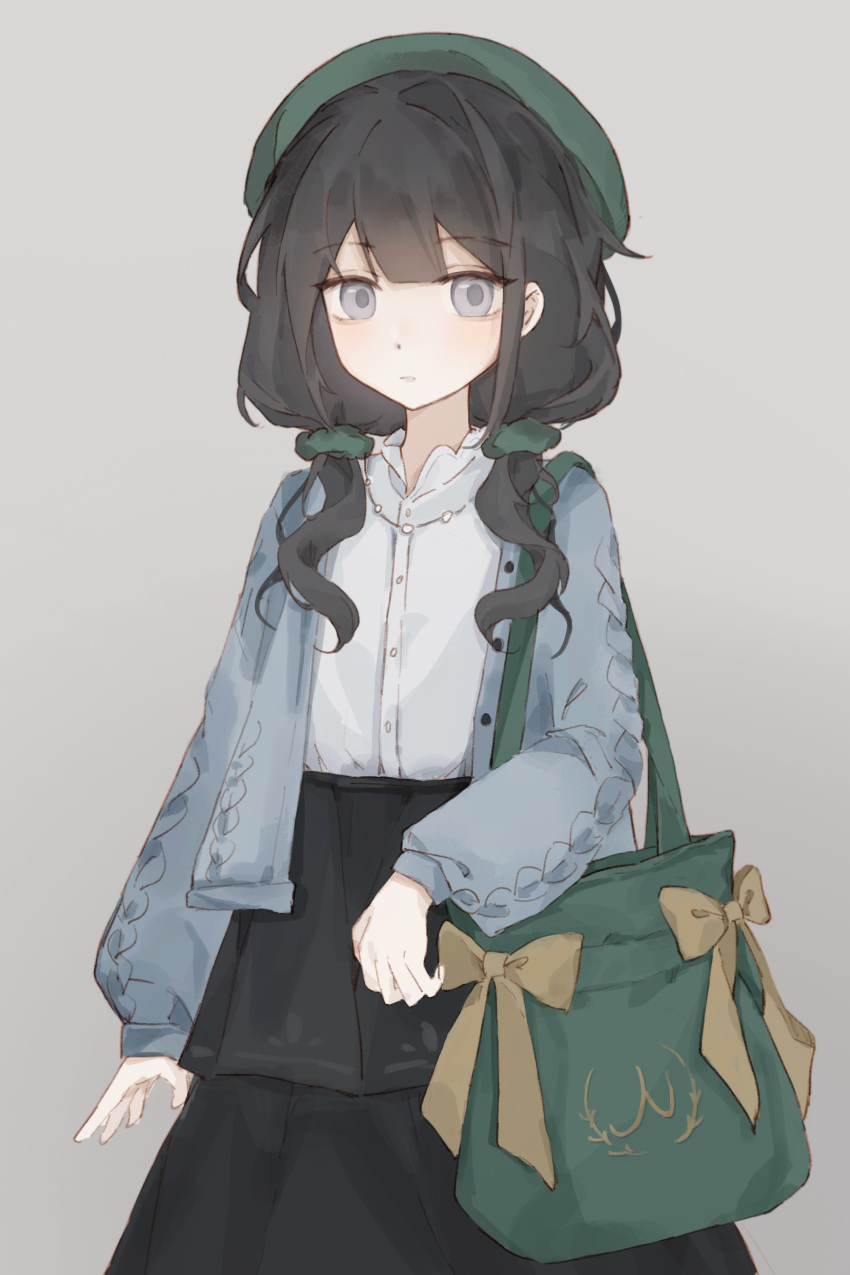 1girl, absurdres, beret, black_hair, black_skirt, book_off, cardigan, chinese_commentary, closed_mouth, commentary_request, cowboy_shot, expressionless, green_bag, green_hat, grey_background, grey_cardigan, grey_eyes, gumingde_cao, hair_ornament, hair_scrunchie, hat, highres, kurobe_nanoka, long_hair, long_sleeves, looking_at_viewer, low_twintails, mahou_shoujo_no_majo_saiban, official_alternate_costume, official_alternate_hairstyle, scrunchie, shirt, simple_background, skirt, solo, twintails, white_shirt