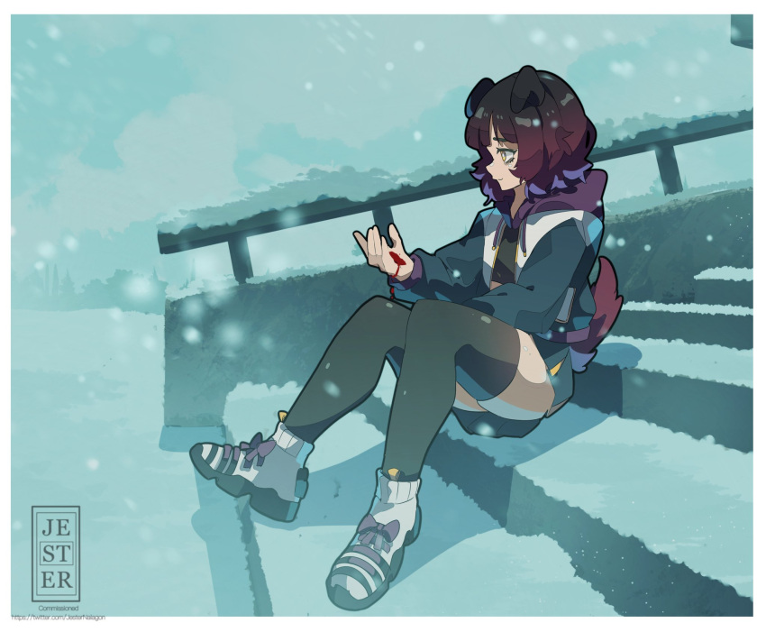 1girl, animal_ears, black_hair, black_thighhighs, blood, brown_hair, commission, dog_ears