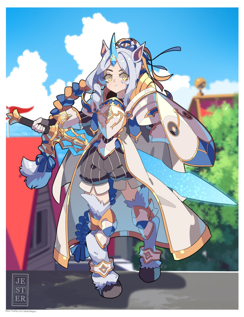 1girl, animal_ears, armor, blue_hair, boots, clouds, full_body, gloves
