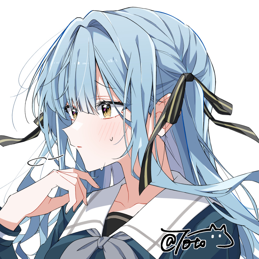 1girl, absurdres, bang_dream!, bang_dream!_it's_mygo!!!!!, black_ribbon, blue_hair, blue_shirt, blush