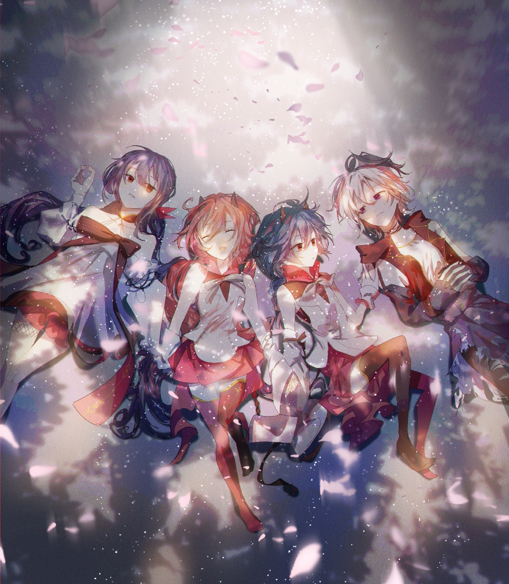 4girls, androgynous, asymmetrical_legwear, black_thighhighs, blue_hair, cherry_blossoms, closed_eyes, commentary, dappled_sunlight, detached_sleeves, dress, falling_petals, feet_out_of_frame, flower_(vocaloid), flower_(vocaloid4), full_body, fur-trimmed_overskirt, half-closed_eyes, halter_dress, halterneck, hand_on_another's_shoulder, hands_on_own_stomach, highres, holding_hands, horns, japanese_clothes, karanagare, light_particles, light_smile, long_hair, looking_at_another, lying, meika_hime, meika_mikoto, mismatched_legwear, multicolored_hair, multiple_girls, on_back, overskirt, own_hands_together, parted_lips, petals, pink_hair, purple_hair, purple_skirt, red_eyes, red_skirt, red_thighhighs, shirt, short_hair, side-by-side, skirt, streaked_hair, sunlight, thigh-highs, very_long_hair, violet_eyes, vocaloid, white_dress, white_hair, white_shirt, white_sleeves, xin_hua