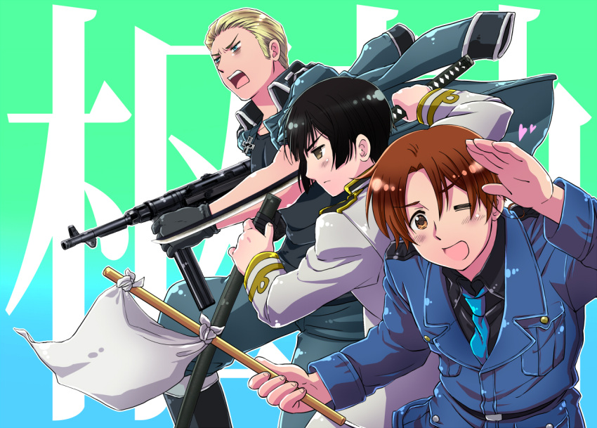 ;d, ahoge, axis_powers_hetalia, black_hair, blonde_hair, blue_eyes, brown_eyes, brown_hair