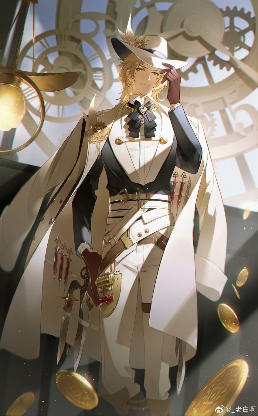 1boy, absurdres, analog_clock, aqua_eyes, belt, black_boots, black_jacket, black_ribbon, blonde_hair, boots, brooch, brown_belt, brown_gloves, chinese_commentary, clock, closed_mouth, coat, coat_on_shoulders, coat_stash, coin, colored_lapels, dagger, dress_shirt, falling_money, feet_out_of_frame, gears, gloves, gold_coin, guest_art, hand_in_pocket, hand_on_headwear, hanging_light, hat, hat_feather, highres, jacket, jewelry, knee_boots, knife, lao_bai_(pixiv36119836), lapel_pin, lapels, lars_rorschach, lars_rorschach_(mist_city), long_sleeves, looking_at_viewer, lovebrush_chronicles, male_focus, medium_hair, multiple_belts, neck_ribbon, pants, parted_bangs, ribbon, shawl_lapels, shirt, smile, solo, standing, steampunk, syringe, two-sided_fabric, two-sided_headwear, watermark, weapon, weibo_watermark, white_belt, white_coat, white_hat, white_pants, white_shirt, wingtip_collar