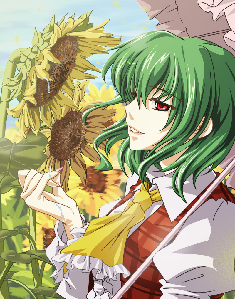 blue_sky, daifuku, dress, flower, green_hair, kazami_yuuka, moneti_(daifuku), parasol, raised_hand, red_dress, red_eyes, short_hair, sky, smile, solo, sunflower, touhou, umbrella, water_drop