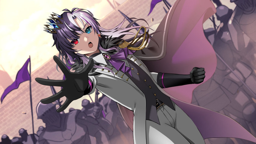 1girl, 364ing, 6+others, absurdres, alternate_costume, alternate_hair_length, alternate_hairstyle, androgynous, aqua_eyes, armor, ascot, black_gloves, black_hair, black_vest, blue_gemstone, buttons, clenched_hand, commentary, commission, crown, dutch_angle, english_commentary, eyelashes, fingerless_gloves, flag, fur_trim, gem, gloves, heterochromia, highres, holding, holding_flag, holding_polearm, holding_weapon, indie_virtual_youtuber, jacket, medium_hair, multicolored_hair, multiple_others, open_clothes, open_jacket, open_mouth, outstretched_arm, pants, polearm, purple_ascot, purple_gemstone, purple_hair, red_eyes, rin_penrose, second-party_source, solo_focus, spear, split-color_hair, teeth, two-tone_hair, upper_teeth_only, vest, virtual_youtuber, weapon, white_jacket, white_pants