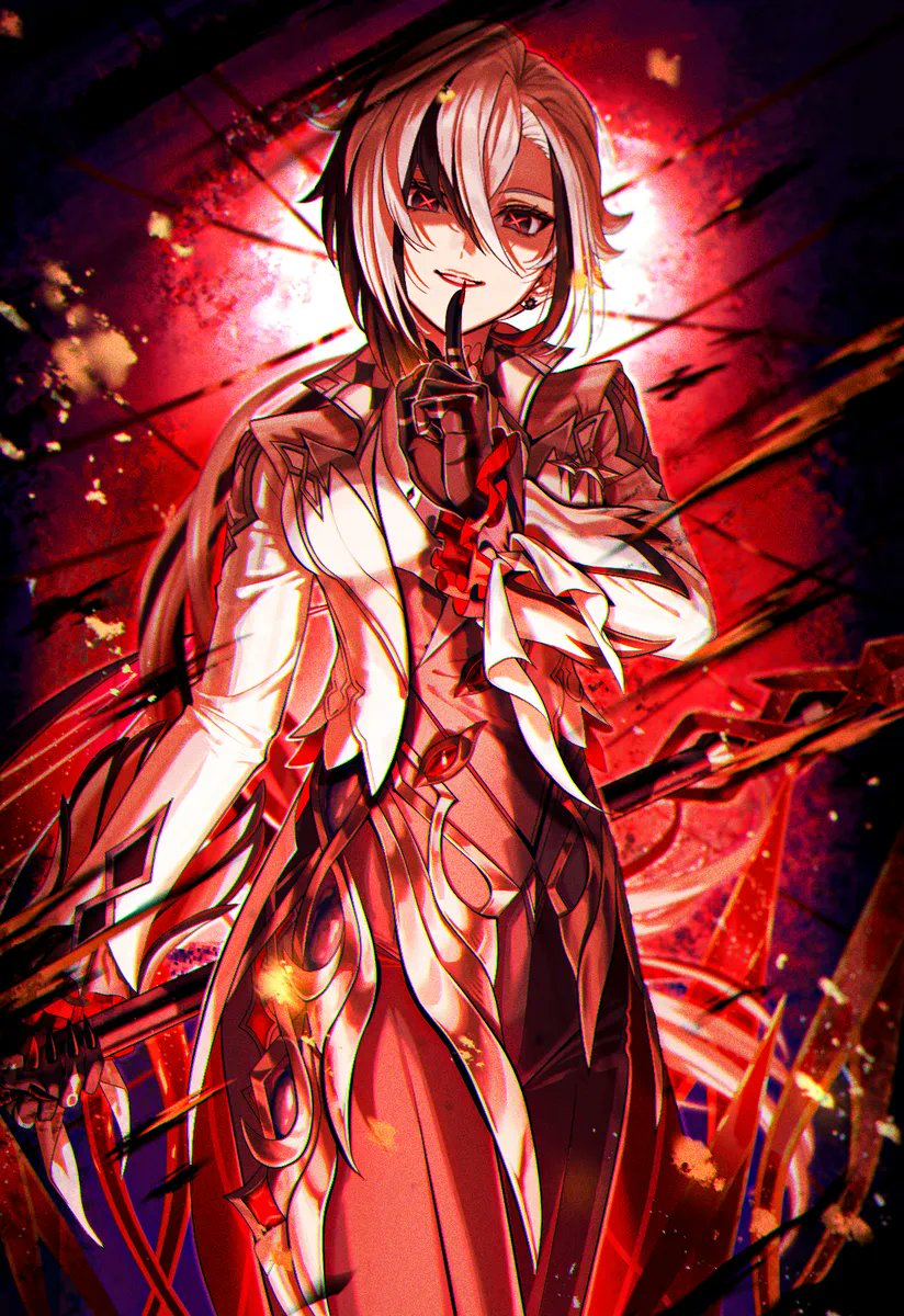 1girl, arlecchino_(genshin_impact), black_eyes, black_hair, black_pants, breasts, cowboy_shot, crimson_moon's_semblance_(genshin_impact)