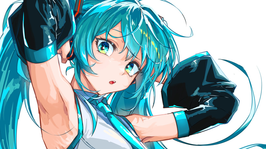 1girl, absurdres, aqua_eyes, aqua_hair, aqua_necktie, armpits, arms_behind_head, arms_up, commentary, detached_sleeves, hatsune_miku, headset, highres, long_hair, looking_at_viewer, necktie, open_mouth, shirt, simple_background, sleeveless, sleeveless_shirt, solo, teeth, twintails, upper_teeth_only, vocaloid, watan_(tvzv5527), white_background, white_shirt