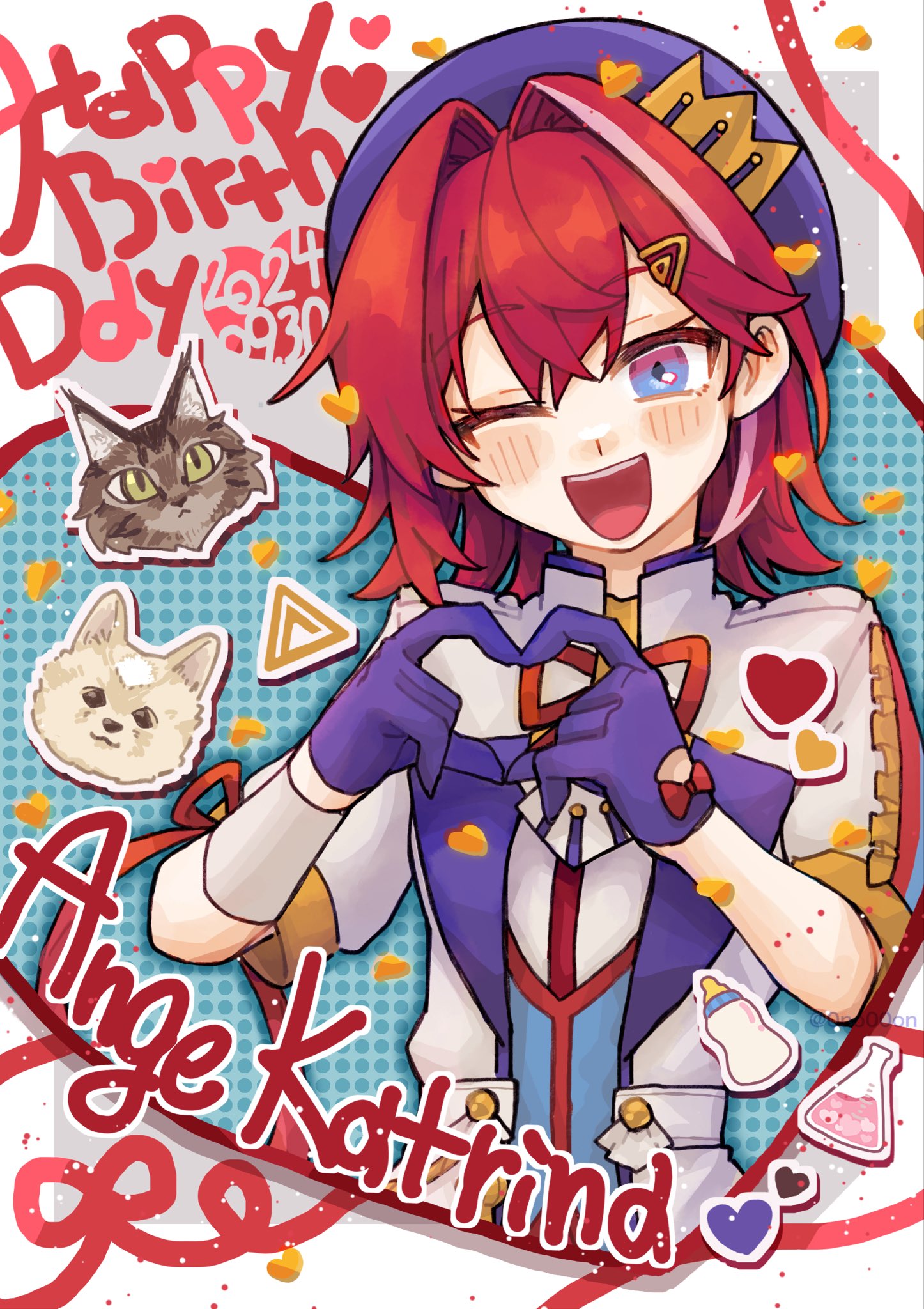 0no00on, 1girl, :d, ange_katrina, aqua_background, baby_bottle, beret, blue_eyes