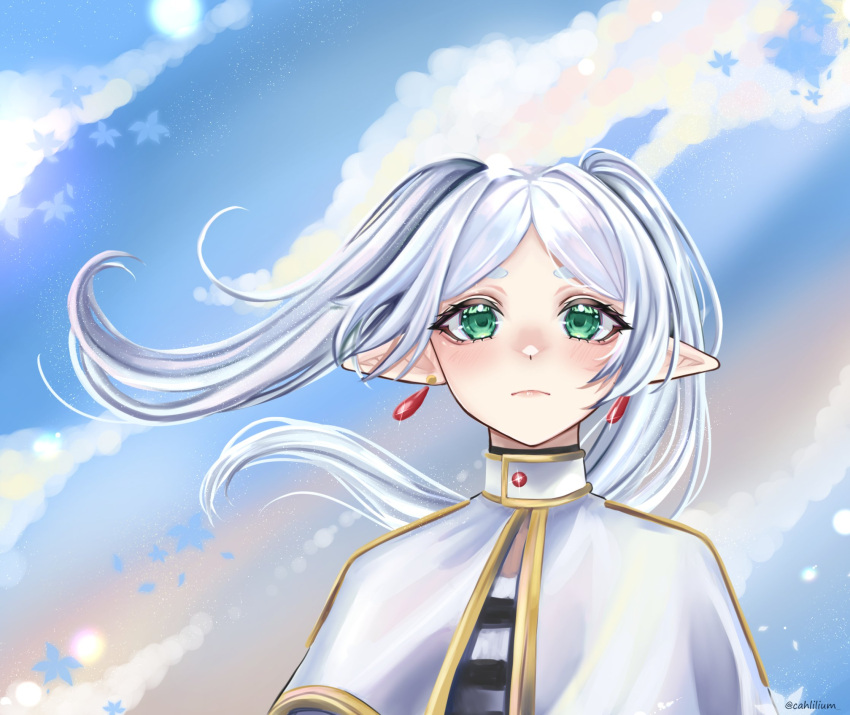 1girl, capelet, earrings, elf, frieren, green_eyes, highres, jewelry, lilum, long_hair, looking_at_viewer, parted_bangs, pointy_ears, solo, sousou_no_frieren, teardrop_earrings, twintails, white_capelet, white_hair
