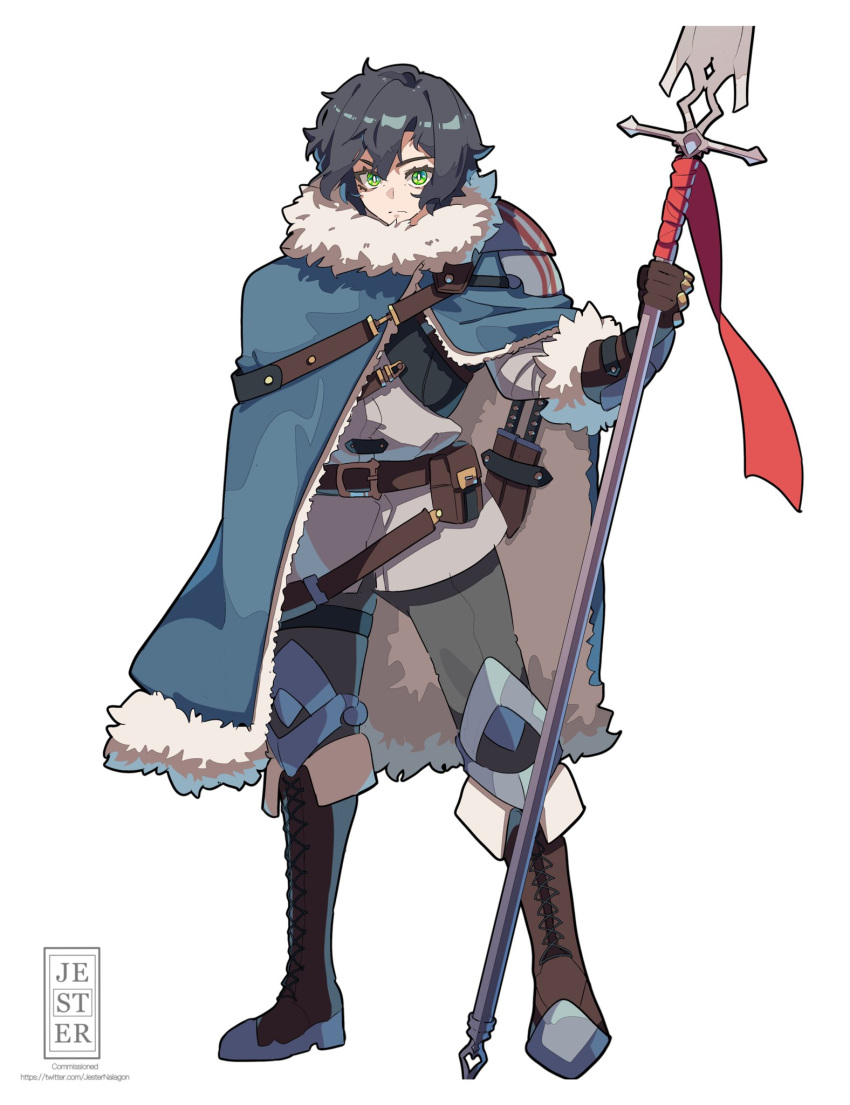 1boy, armor, belt, black_hair, blue_cape, boots, brown_boots, brown_gloves