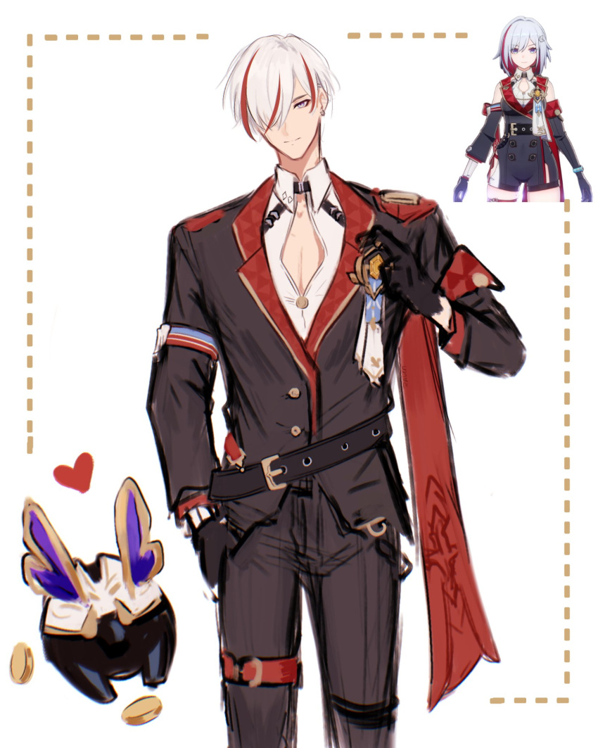 1boy, adapted_costume, black_gloves, black_jacket, black_pants, blue_eyes, closed_mouth, coin, commentary_request, genderswap, genderswap_(ftm), gloves, hair_over_one_eye, hand_in_pocket, heart, highres, honkai:_star_rail, honkai_(series), jacket, jhenny345, looking_at_viewer, male_focus, multicolored_hair, numby_(honkai:_star_rail), official_art_inset, pants, red_sash, reference_inset, sash, shirt, smile, spanish_commentary, streaked_hair, topaz_(honkai:_star_rail), trotter_(honkai:_star_rail), white_hair, white_shirt