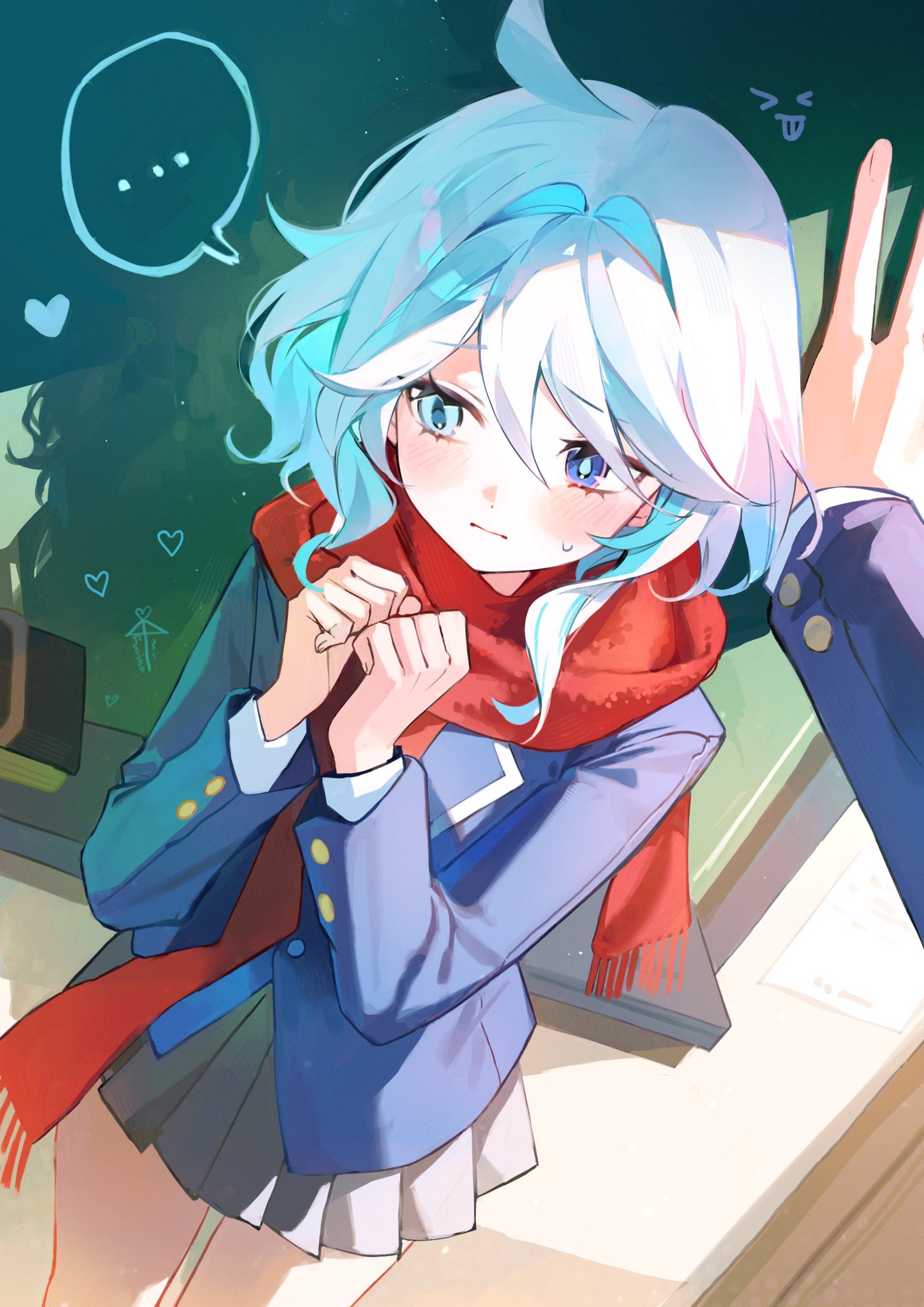 ..., 1boy, 1girl, alternate_costume, averting_eyes, black_skirt, blue_eyes, blue_hair