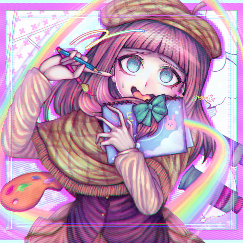 1girl, beret, blue_eyes, blunt_bangs, brown_hair, brown_hat, commentary, danganronpa_another