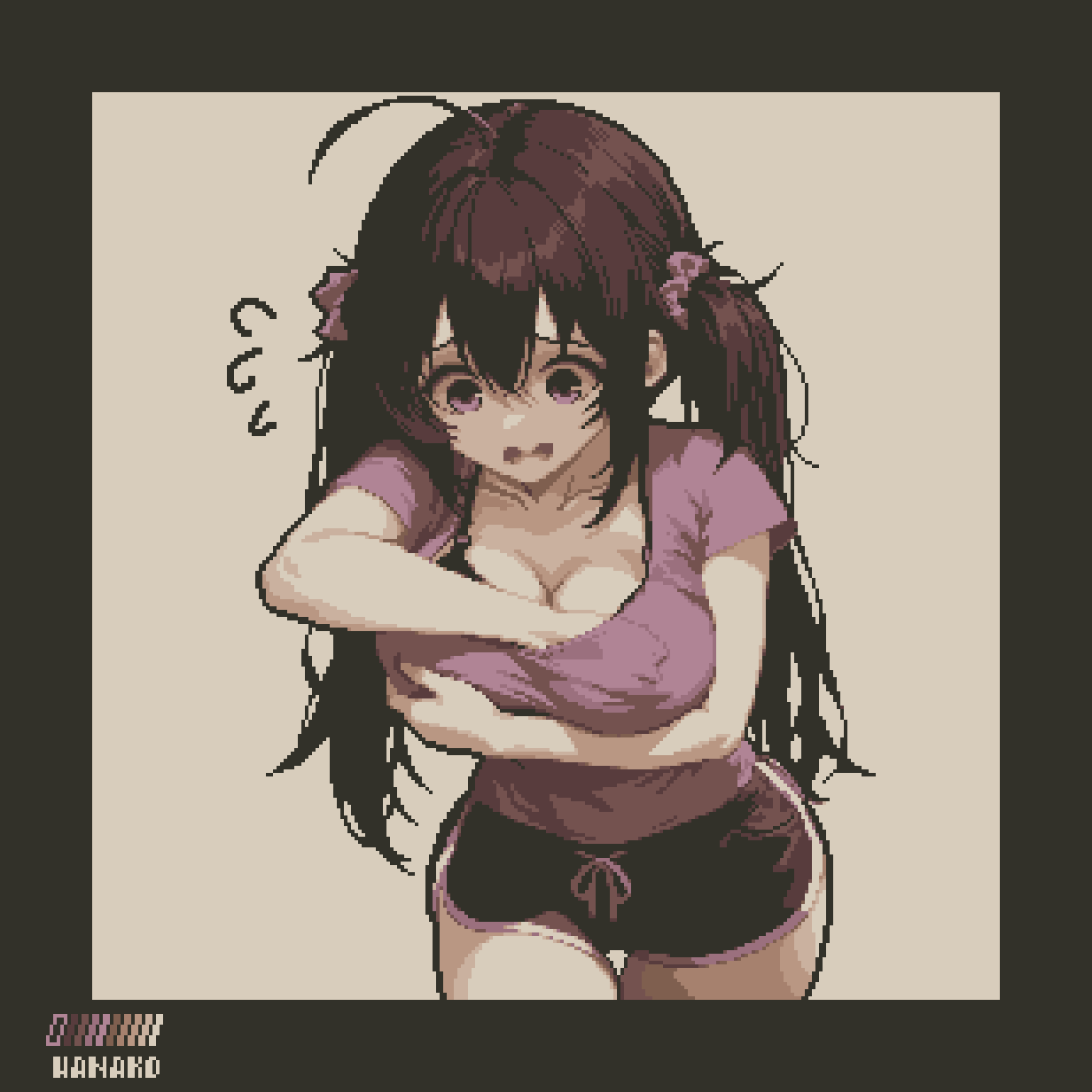 1girl, ahoge, arm_under_breasts, black_hair, breasts, collarbone, dolphin_shorts, embarrassed, furrowed_brow, hair_between_eyes, hair_ornament, hair_scrunchie, highres, large_breasts, long_hair, low_twintails, open_mouth, original, pink_shirt, pixel_art, purple_scrunchie, scrunchie, shirt, short_sleeves, shorts, sidelocks, solo, specialhanako, thigh-highs, twintails, violet_eyes, wide-eyed