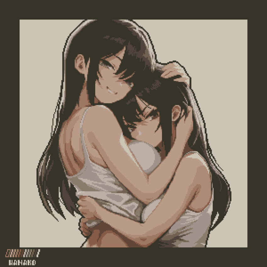 2girls, artist_name, bare_shoulders, black_hair, blue_eyes, blunt_bangs, breasts, brown_eyes