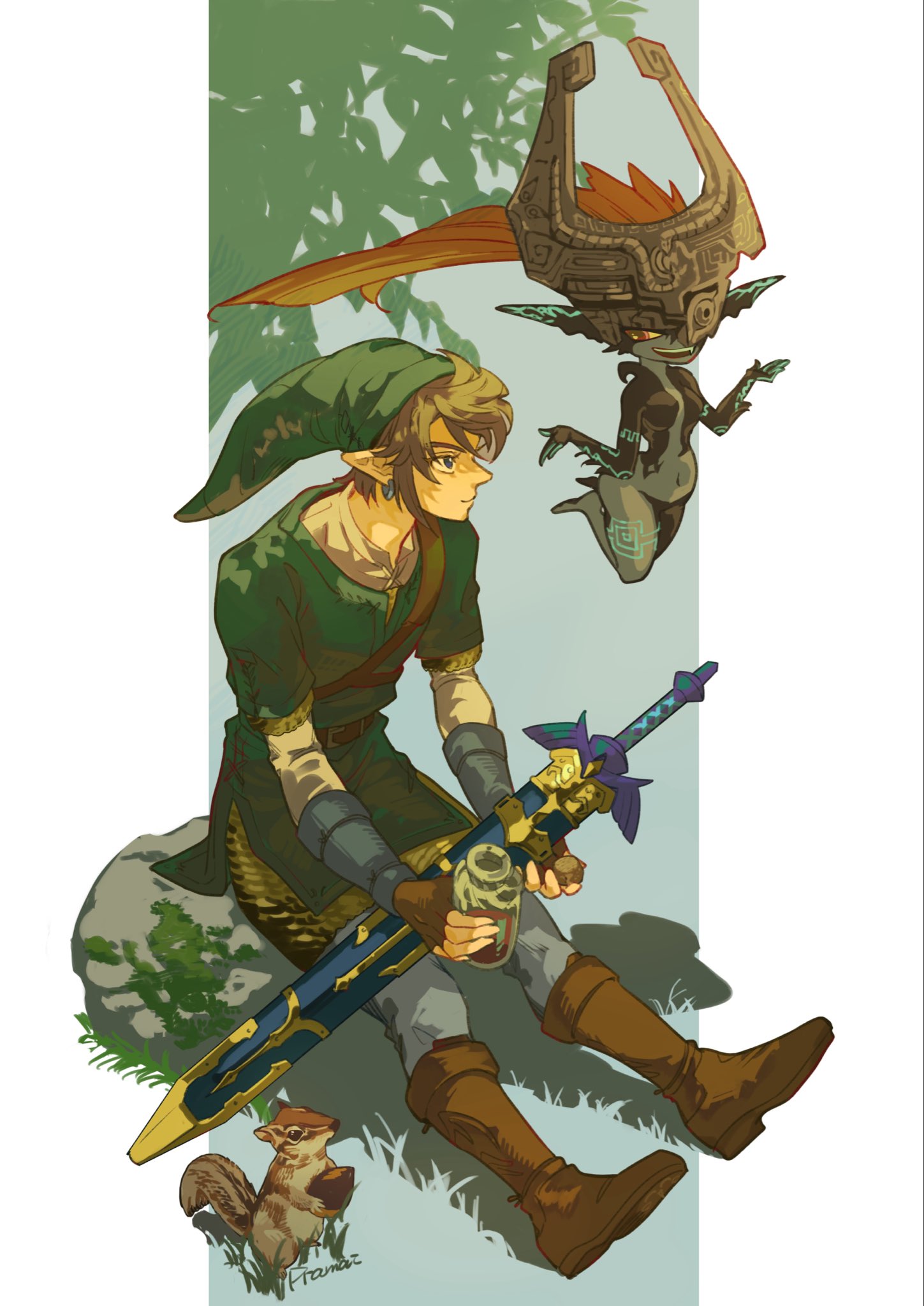 1boy, 1girl, armor, blonde_hair, boots, border, bottle, brown_boots