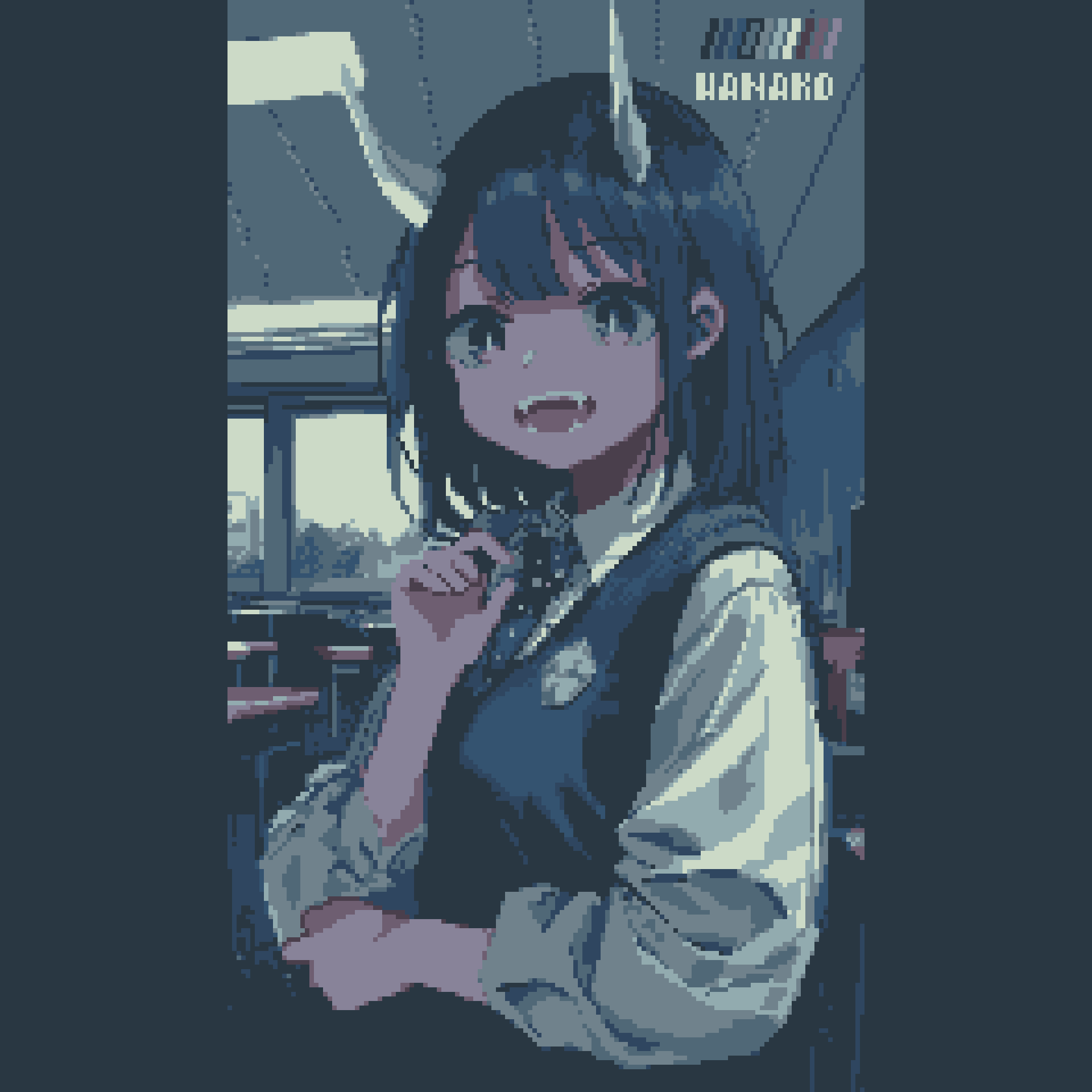 1girl, aoki_ruri, artist_name, black_hair, blue_necktie, blunt_bangs, colored_skin, dot_nose