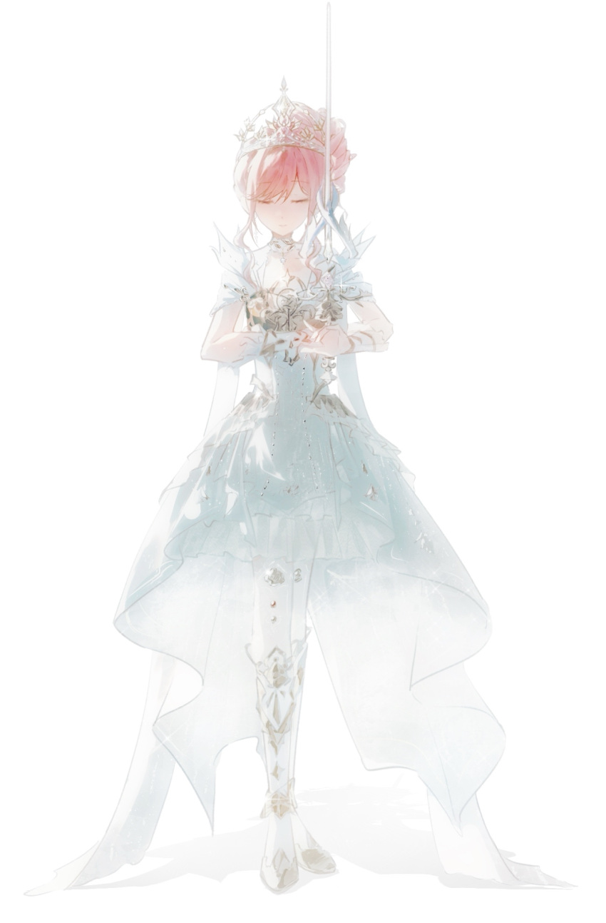 1girl, aliu6624, armor, armored_boots, boots, breastplate, chinese_commentary, closed_eyes, closed_mouth, coattails, collar, commentary_request, detached_collar, dress, expressionless, feather-trimmed_sleeves, frilled_arm_warmers, full_body, hair_bun, highres, holding, holding_sword, holding_weapon, infinity_nikki, knee_boots, medium_dress, melody_bloom_(infinity_nikki), nikki_(nikki), nikki_(series), pantyhose, pink_hair, rapier, shadow, short_hair_with_long_locks, short_sleeves, sidelocks, simple_background, single_hair_bun, solo, standing, sword, tiara, updo, wavy_hair, weapon, white_arm_warmers, white_background, white_boots, white_collar, white_dress, white_pantyhose