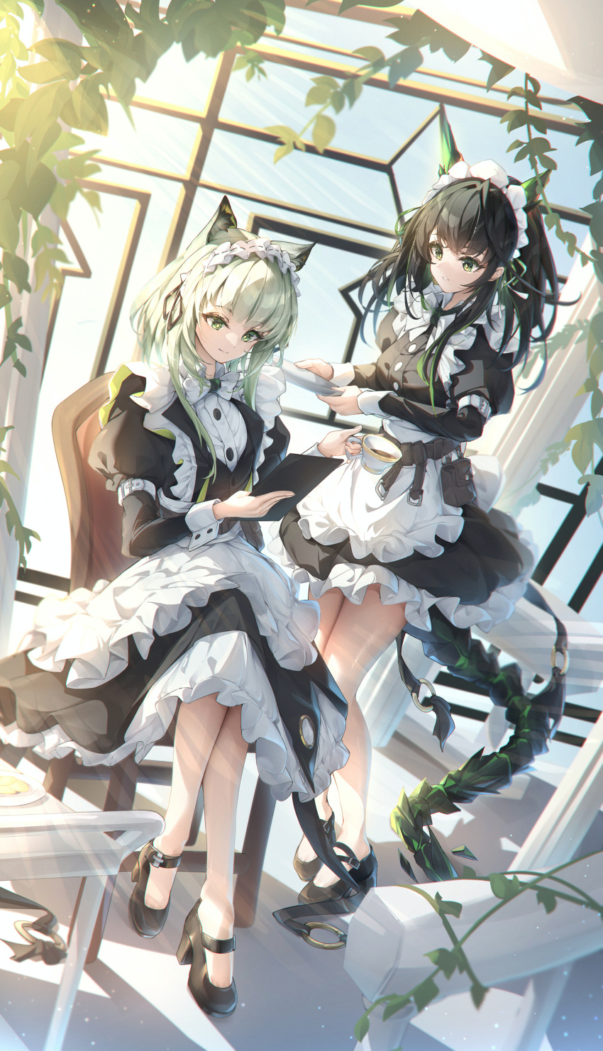 2girls, absurdres, alternate_costume, animal_ears, apron, arknights, black_dress, black_hair