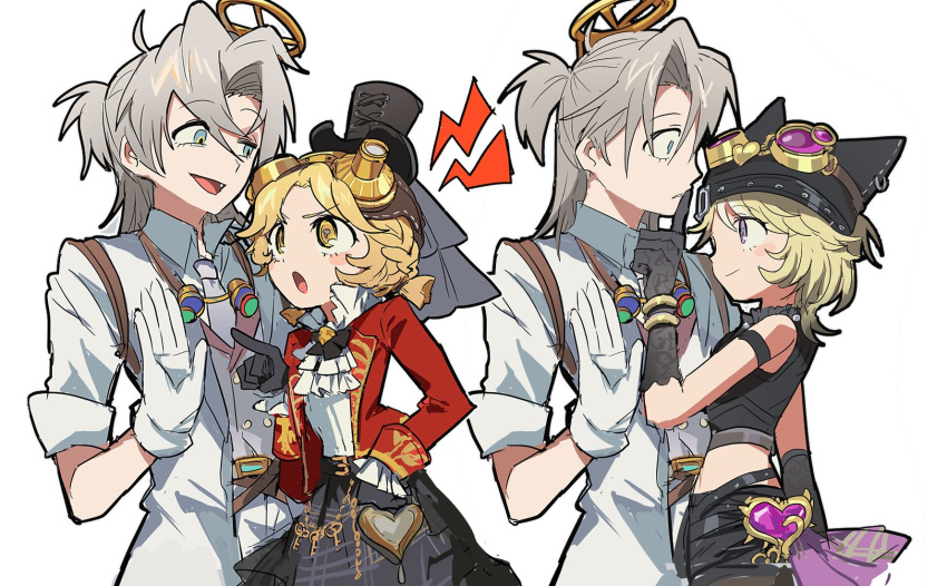 2boys, 2girls, :d, :o, animal_hat, ascot, black_bow, black_bowtie