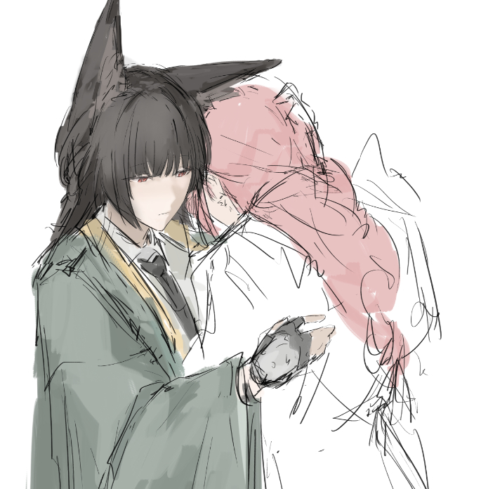 2girls, animal_ear_fluff, animal_ears, black_hair, blunt_bangs, brenn_(idwytl), cowboy_shot, fingerless_gloves
