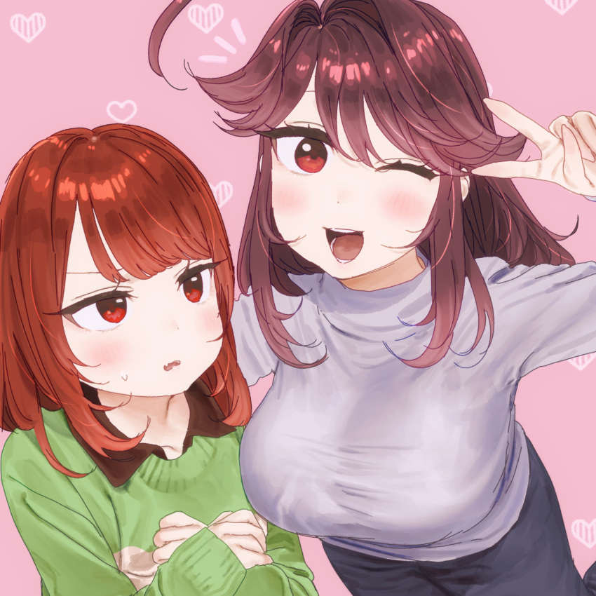 2girls, aged_up, alternate_breast_size_(larger), alternate_universe, blush, blush_stickers, brown_hair, chara_(facing_demons), chara_(undertale), collared_sweater, commentary_request, dual_persona, eyelashes, green_sweater, grey_sweater, heart_soma, highres, multiple_girls, pants, red_eyes, short_hair, striped_clothes, striped_sweater, sweatdrop, sweater, two-tone_sweater, undertale, utdr_(toby_fox), v, yellow_sweater