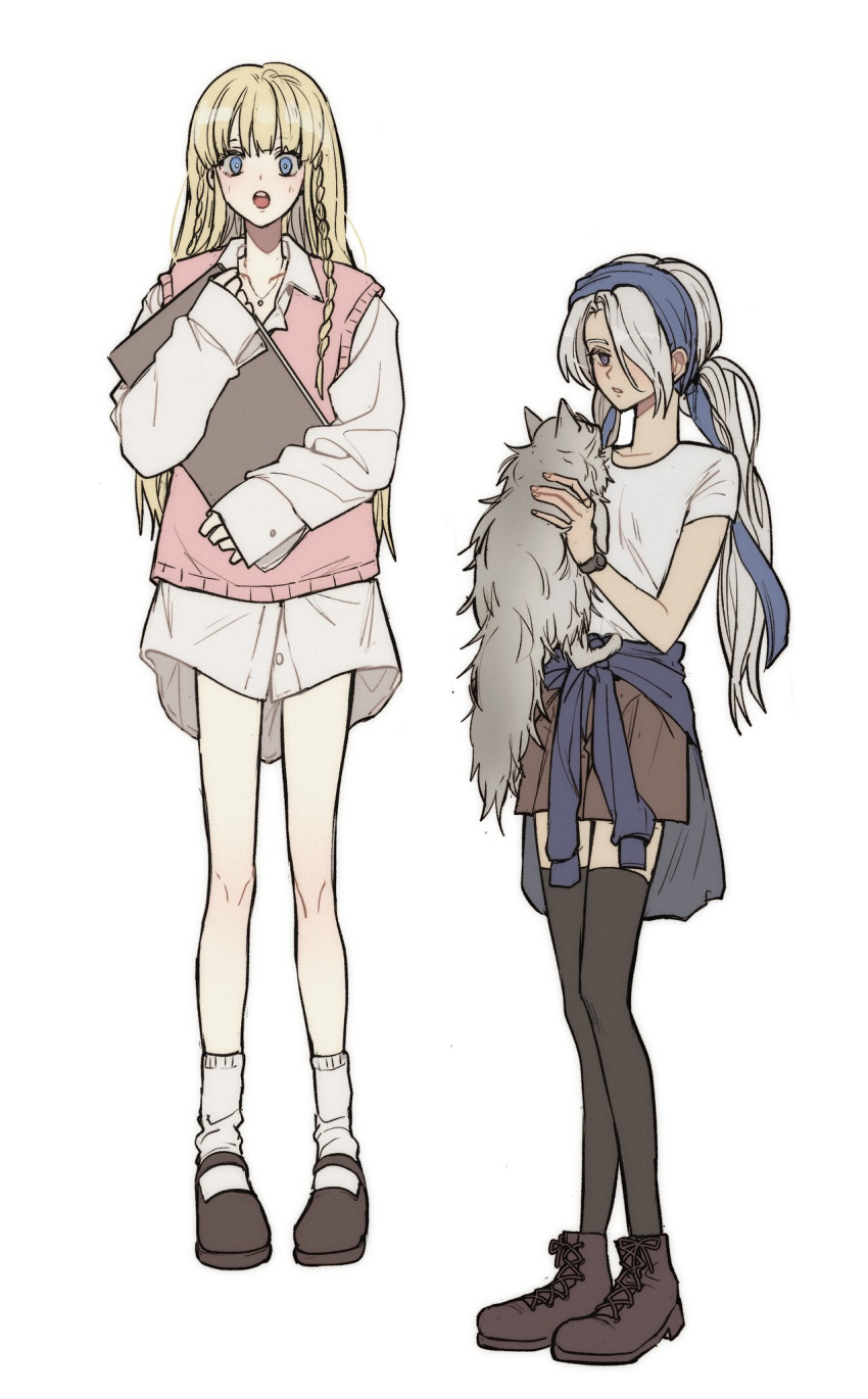 2girls, animal, ankle_socks, archived_source, asymmetrical_bangs, black_shoes, black_thighhighs, blonde_hair, blue_eyes, blue_hair, blue_jacket, blue_sleeves, blush, braid, bright_pupils, brown_shorts, buttoned_cuffs, buttons, cat, clothes_around_waist, collarbone, crew_neck, cross-laced_shoes, dress_shirt, dress_shorts, fashion, folder, full_body, grey_cat, grey_eyes, grey_fur, grey_hair, grey_tail, hair_over_one_eye, highres, holding, holding_animal, holding_cat, holding_folder, honey3apple, jacket, jacket_around_waist, jewelry, knee_blush, leather_footwear, legs_apart, long_hair, long_shirt, long_sleeves, looking_at_viewer, loose_socks, low-braided_long_hair, low-tied_long_hair, low_twintails, mary_janes, multiple_girls, nayatrei, necklace, nexon, one_eye_covered, parted_bangs, parted_hair, parted_lips, pigeon-toed, pink_sweater_vest, shirt, shoes, short_sleeves, shorts, sleeve_cuffs, sleeves_past_wrists, socks, standing, sweater_vest, t-shirt, tales_weaver, teeth, thigh-highs, tichiel_juspian, tied_sleeves, twin_braids, twintails, upper_teeth_only, watch, watch, white_pupils, white_shirt, white_socks