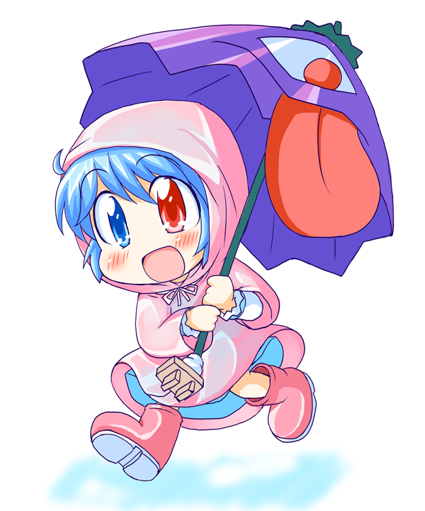 blue_dress, blue_eyes, blue_hair, blush, chibi, dress, geetsu, geta, heterochromia, karakasa_obake, long_tongue, open_mouth, raincoat, red_eyes, rubber_boots, running, short_hair, smile, solo, tatara_kogasa, tongue, tongue_out, touhou, umbrella, walking