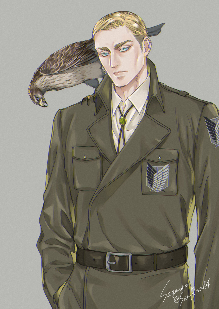 1boy, absurdres, animal_on_shoulder, bird, bird_on_shoulder, blonde_hair, blue_eyes, bolo_tie
