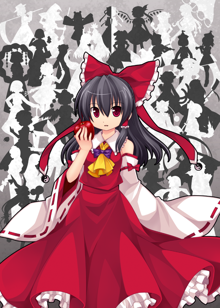 6+girls, alice_margatroid, aoilio, apple, ascot, bad_apple!!, bare_shoulders, black_hair