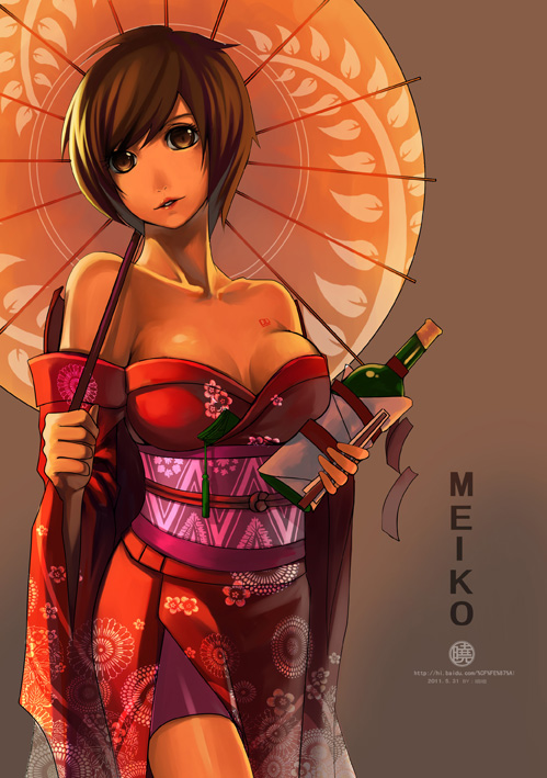 1girl, alternate_costume, bad_id, bare_shoulders, bottle, breasts, brown_eyes, brown_hair
