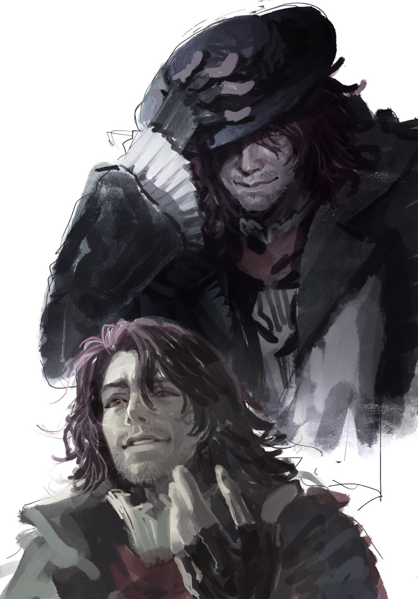 adjusting_clothes, adjusting_headwear, anmoko0520, ardyn_izunia, beard_stubble, black_coat, black_gloves, black_hat