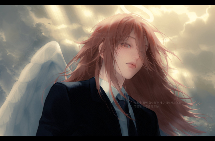 1boy, angel_devil_(chainsaw_man), angel_wings, black_jacket, black_necktie, bluesky_username, chainsaw_man, clouds, cloudy_sky, collared_shirt, commentary, english_commentary, glowing, glowing_halo, hair_between_eyes, halo, highres, jacket, korean_text, letterboxed, lips, long_hair, looking_at_viewer, male_focus, necktie, seagnalis, shirt, sky, solo, suit_jacket, traditional_halo, translation_request, twitter_username, white_shirt, white_wings, wings
