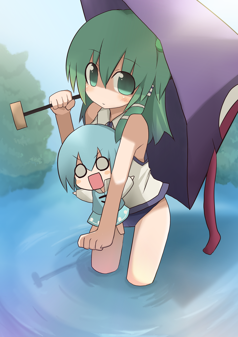 blue_hair, blush, buruma, chibi, green_eyes, green_hair, highres, himegi