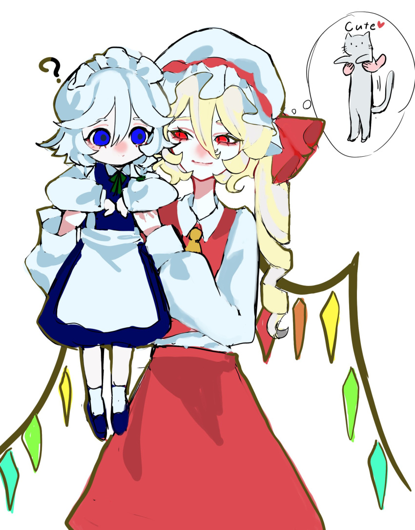 2girls, :o, ?, aged_down, apron, blonde_hair, blue_dress, blue_eyes