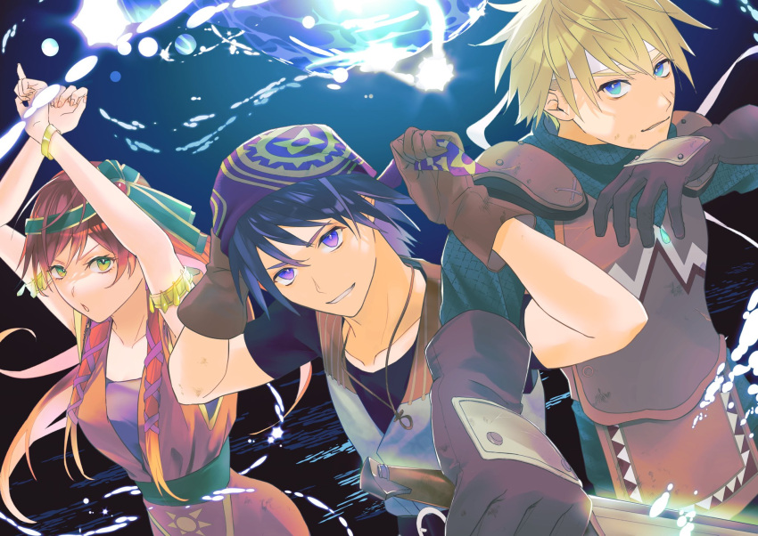 1girl, 2boys, adjusting_bandana, amulet, armlet, armor, bandana, black_shirt