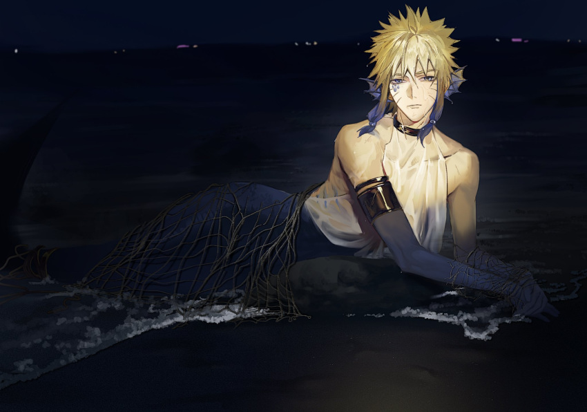 1boy, armlet, blonde_hair, blue_eyes, collarbone, commentary_request, facial_mark, fins