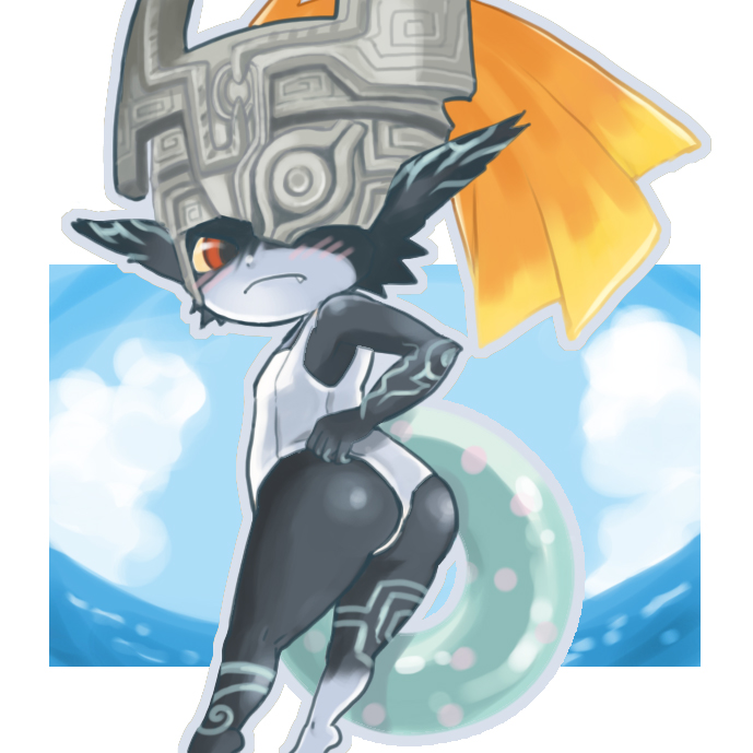 blush, helmet, imp, innertube, kitsune_yume, looking_back, midna, nintendo, pointy_ears, red_eyes, sagawa_yumeko, swimsuit, the_legend_of_zelda, twilight_princess