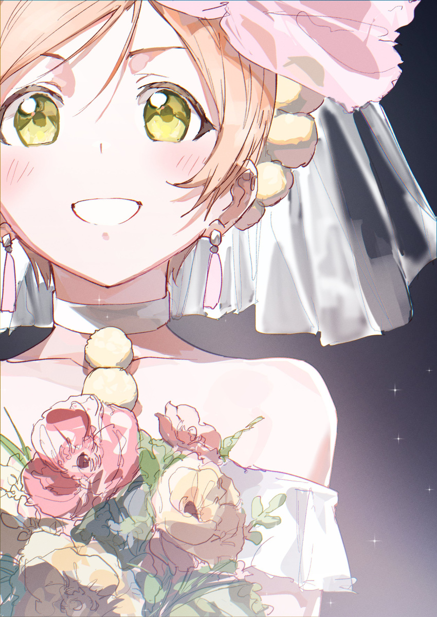 1girl, absurdres, bare_shoulders, bouquet, choker, earrings, flower, green_eyes