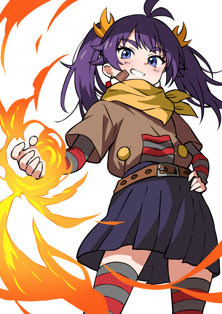 1girl, absurdres, antenna_hair, bandage_on_face, bandages, belted_skirt, blue_eyes, brown_shirt
