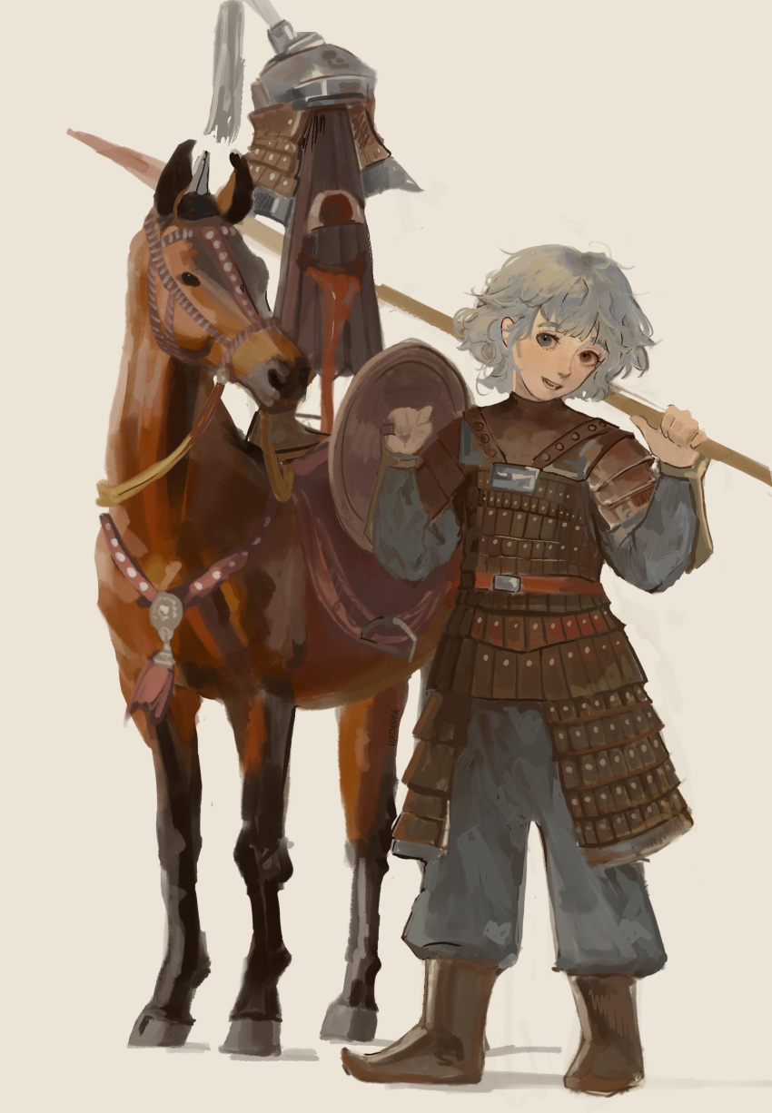 1girl, alternate_costume, animal, armor, baggy_pants, black_boots, blue_eyes, blue_pants