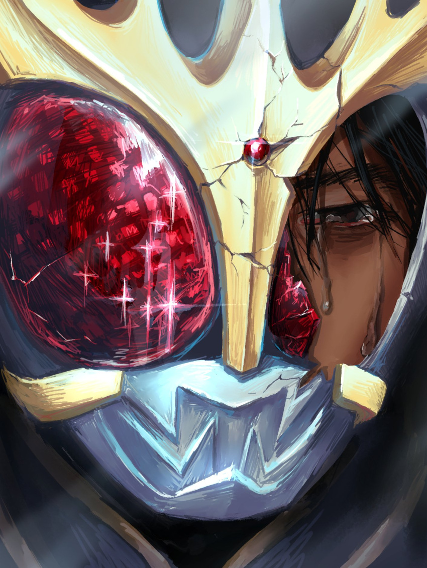 1boy, akasada, black_hair, broken_helmet, close-up, cracked_helmet, cracked_kawaii_mask, crying, crying_with_eyes_open, godai_yuusuke, highres, kamen_rider, kamen_rider_kuuga, kamen_rider_kuuga_(series), kamen_rider_kuuga_(ultimate_form), male_focus, portrait, solo, tears
